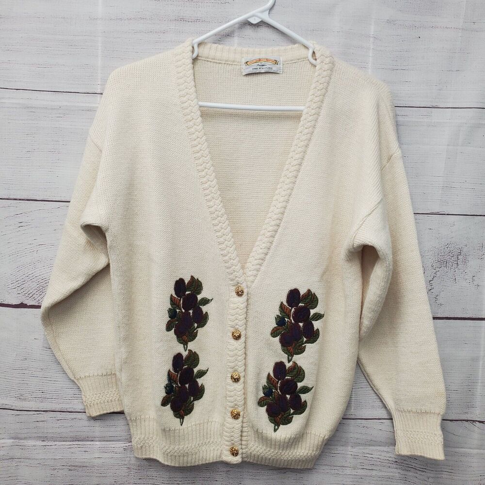 VTG James Pringle Weavers Cardigan Sweater Size Small Floral Embroidery Granny